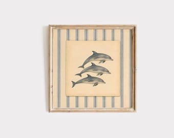 Dolphin Print, Vintage Ocean Wall Art, Blue Striped Coastal Poster