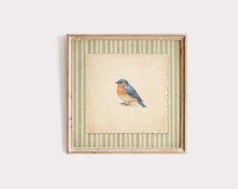 Vintage Bluebird Wall Art, Sage Green Striped Bird Print, Cottagecore Wall Decor