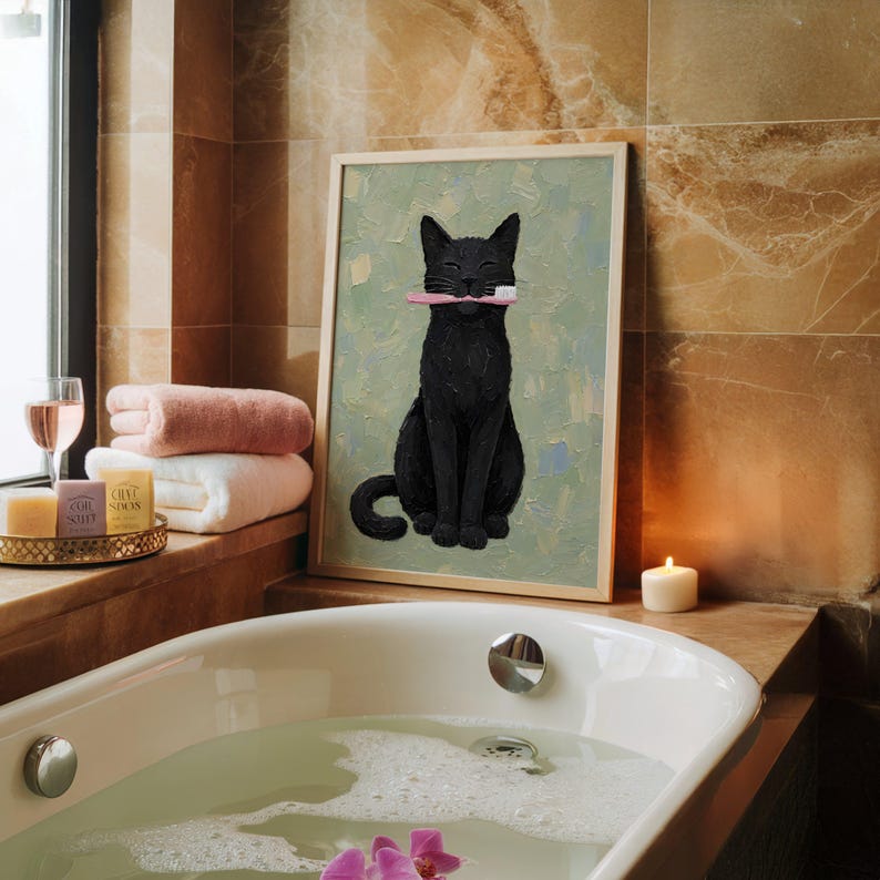 Rolig svart katt väggkonst, tandborstekatttryck, udda badrumsdekor bild 5