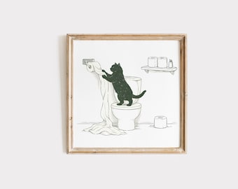 Funny Cat Bathroom Wall Art, Minimal Toilet Print, Guest Bathroom Decor