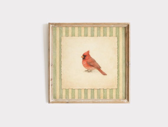 Vintage Cardinal Wall Art, Sage Green Striped Bird Print, Cottagecore Wall Decor