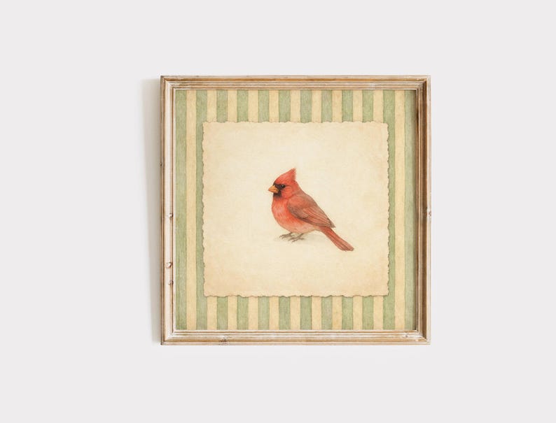 Vintage Cardinal Wall Art, Sage Green Striped Bird Print, Cottagecore Wall Decor image 1