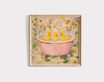 Pastel Rubber Duck Bath Wall Art, Cottagecore Kids Girl Nursery Decor, Whimsical Bathroom Poster square