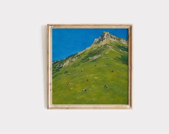 May include: A square framed oil painting depicting a vibrant green mountain slope under a clear, deep blue sky. Small, colorful figures are scattered across the grassy hillside, suggesting hikers or people resting on the steep, natural terrain.