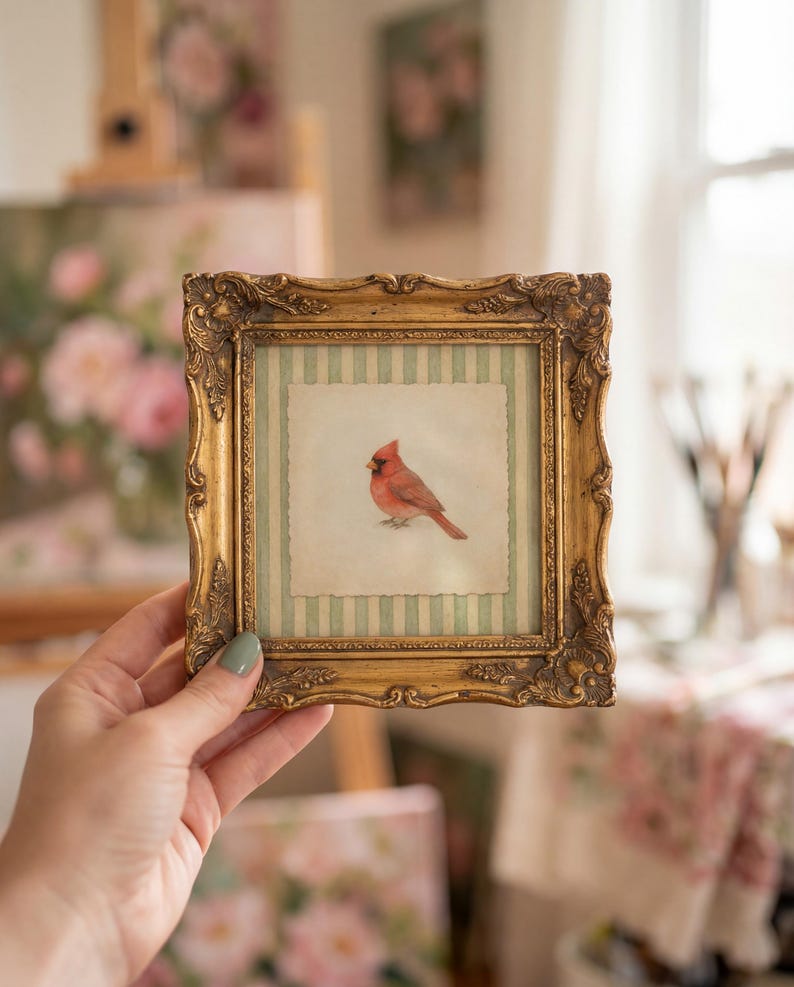 May include: A small, ornate gold picture frame with a detailed border. Inside, a watercolor painting of a red cardinal bird is set against a striped background. The frame is held up by a hand, showcasing the artwork.