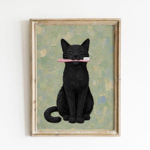 Rolig svart katt väggkonst, tandborstekatttryck, udda badrumsdekor bild 1
