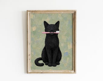 May include: A framed oil painting on canvas depicting a solid black cat sitting upright and holding a pink toothbrush horizontally in its mouth. The cat is set against a textured, light sage green background with visible brushstrokes throughout.