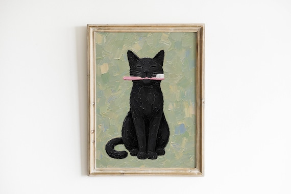 Funny Black Cat Wall Art, Toothbrush Cat Print, Quirky Bathroom Decor