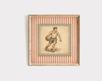 May include: Framed vintage-style print featuring a basketball player in a tank top and shorts, dribbling a ball. The artwork is set within a postage stamp-like border, framed by a striped pattern in red and beige.