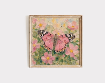 May include: Square framed painting of a pink butterfly with black and white markings, set against a backdrop of pink flowers and green foliage. The artwork has a vintage, impressionistic style with visible brushstrokes.