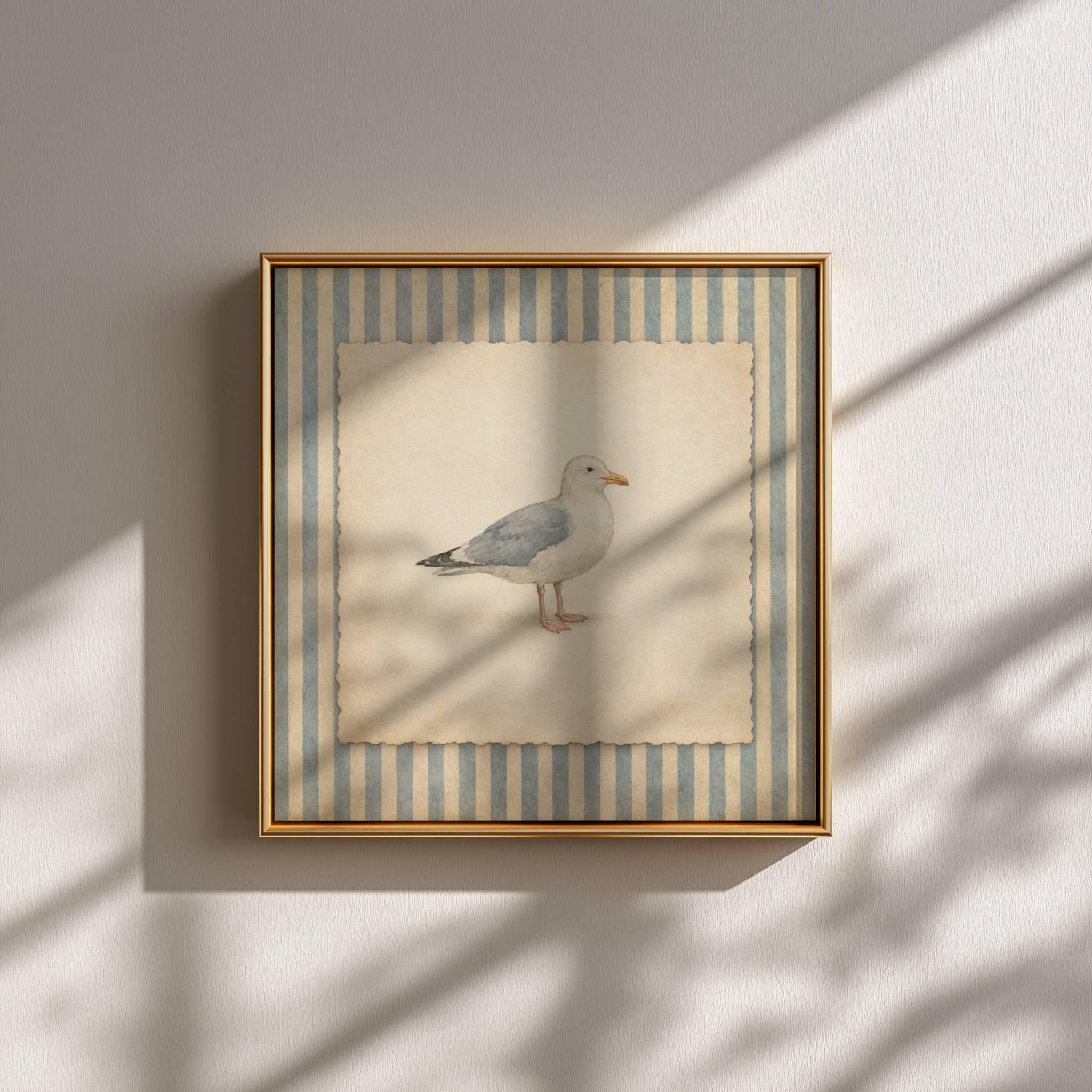 Vintage Seagull Wall Art, Soft Blue Striped Coastal Bird Print ...