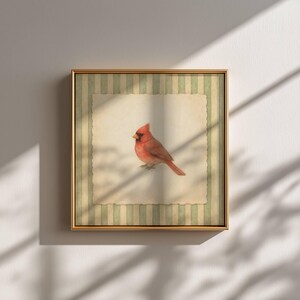 Vintage Cardinal Wall Art, Sage Green Striped Bird Print, Cottagecore Wall Decor image 8
