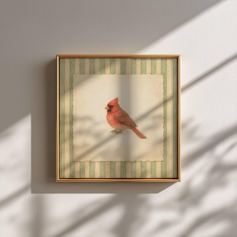 Vintage Cardinal Wall Art, Sage Green Striped Bird Print, Cottagecore Wall Decor image 8