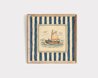 Vintage zeilboot kunst aan de muur, blauw gestreepte kustprint, nautische muurdecoratie