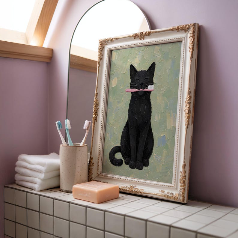 Rolig svart katt väggkonst, tandborstekatttryck, udda badrumsdekor bild 4