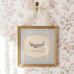 May include: A framed print of a vintage airplane, set against a light blue background with a decorative border. The gold-colored frame is suspended by a cream-colored bow on a floral wallpaper background. The print is a charming piece of wall decor.
