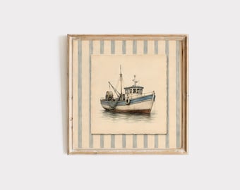 May include: A framed nautical art print featuring a detailed illustration of a fishing boat. The boat is depicted in shades of blue, white, and brown, set against a backdrop of water. The artwork is framed with a striped pattern.