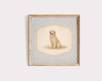 May include: A framed print featuring a Golden Retriever dog. The dog is depicted in a seated position with its tongue slightly out. The artwork is set against a light blue background with a decorative pattern, framed in a gold-colored frame.