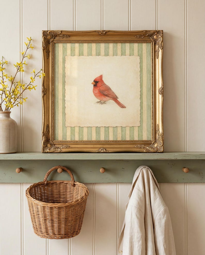 May include: A framed print featuring a red cardinal bird. The print is set against a cream-colored background with green and white stripes, within a gold ornate frame. A woven basket and a coat hang below.