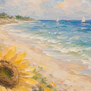 May include: Oil painting of a beach scene with a large yellow sunflower in the foreground. The ocean is a mix of blues and greens, with white sailboats in the distance. The sky is a mix of blues and whites.