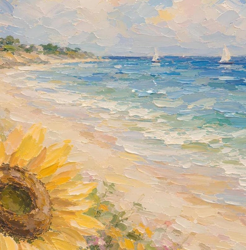 May include: Oil painting of a beach scene with a large yellow sunflower in the foreground. The ocean is a mix of blues and greens, with white sailboats in the distance. The sky is a mix of blues and whites.