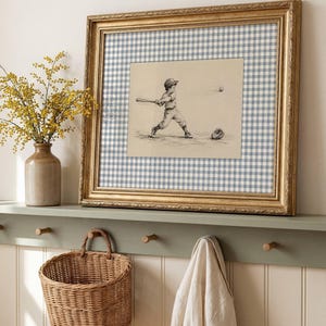 Baseball Nursery Decor, Vintage Baseball Print, Boy Playing Baseball Wall Art, Blue Gingham Storybook Nursery image 6