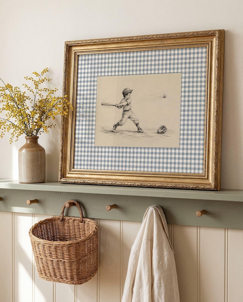 Baseball Nursery Decor, Vintage Baseball Print, Boy Playing Baseball Wall Art, Blue Gingham Storybook Nursery image 6