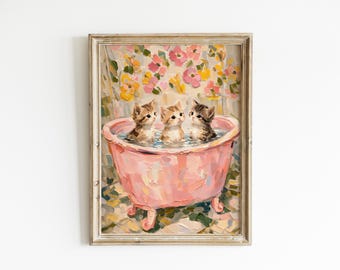 Cat bath wall art for bathroom, Pastel Cottagecore Nursery Print