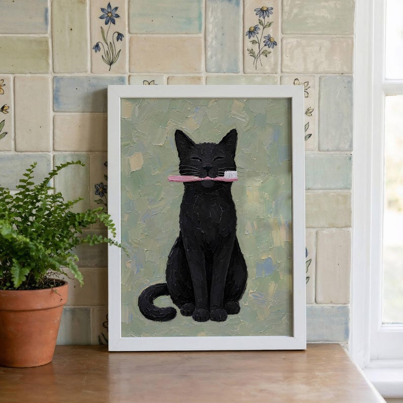 Rolig svart katt väggkonst, tandborstekatttryck, udda badrumsdekor bild 7
