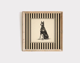 Sztuka ścienna z dobermanem w stylu vintage, nadruk z czarnym, paskowanym psem, elegancka dekoracja ścienna