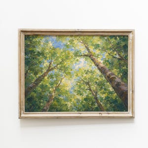 May include: An oil painting of a forest canopy, viewed from below. The artwork features tall tree trunks with textured bark, reaching towards a bright blue sky. The leaves are rendered in shades of green, creating a sense of depth and light.