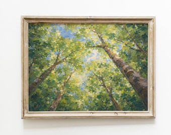 May include: An oil painting of a forest canopy, viewed from below. The artwork features tall tree trunks with textured bark, reaching towards a bright blue sky. The leaves are rendered in shades of green, creating a sense of depth and light.