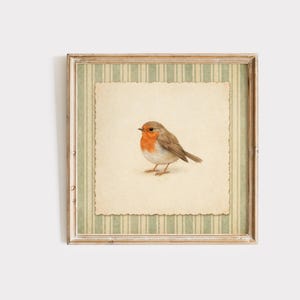Op de afbeelding: Een vierkant ingelijst wandkunstwerk met een gedetailleerde illustratie van een roodborstje met een feloranje borst. De vogel is gecentreerd op crèmekleurig papier met geschulpte randen, tegen een achtergrond van verticale saliegroene strepen.