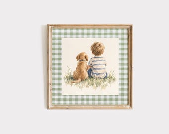 Dog Nursery Decor, Boy and Dog Print, Golden Retriever Wall Art, Sage Green Gingham Nursery Decor, Watercolor Boys Room Art