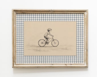 Boys Nursery Wall Art, Boy Riding a Bike Print, Blue Gingham Storybook Decor
