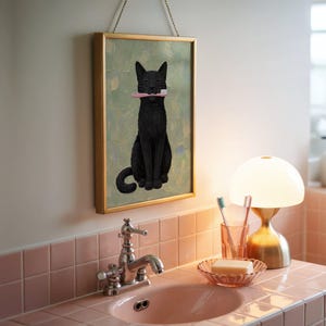 Rolig svart katt väggkonst, tandborstekatttryck, udda badrumsdekor bild 6