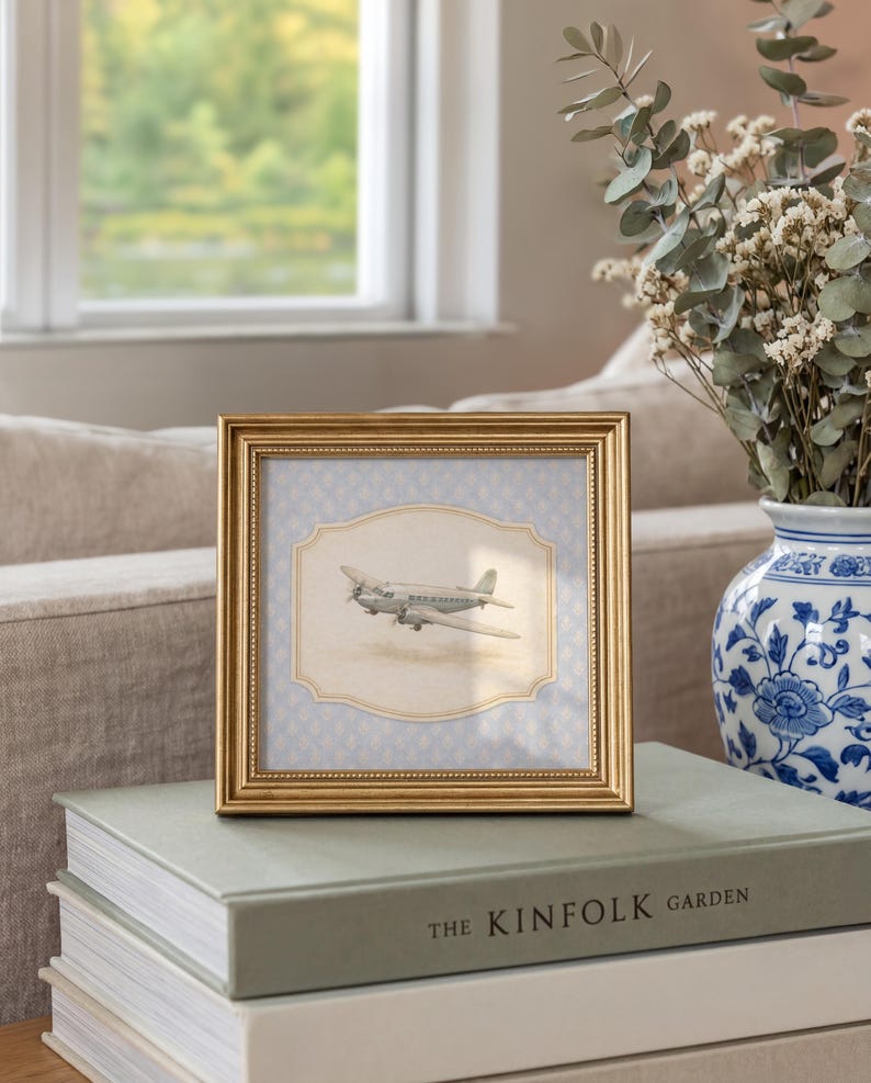 May include: A gold-framed picture featuring a vintage airplane illustration. The artwork is set against a light blue patterned background. The frame rests on a stack of books, with a vase of flowers in the background. The book on top is titled "THE KINFOLK GARDEN."