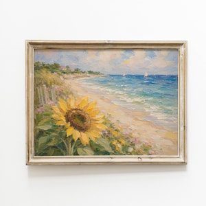 Sunflower Beach Print, Vintage Coastal Landscape Wall Art, Ocean Flower Poster image 1