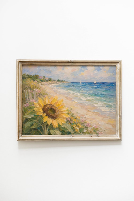 Sunflower Beach Print, Vintage Coastal Landscape Wall Art, Ocean Flower Poster