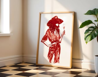 Grafika ścienna „Kowbojka” do kuchni i jadalni, wydruk w stylu western i wina