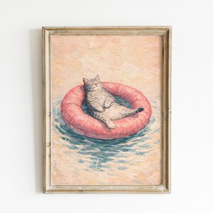 Funny Cat Wall Art, Pool Float Cat Print, Pink Pool Decor, Cute Summer Poster