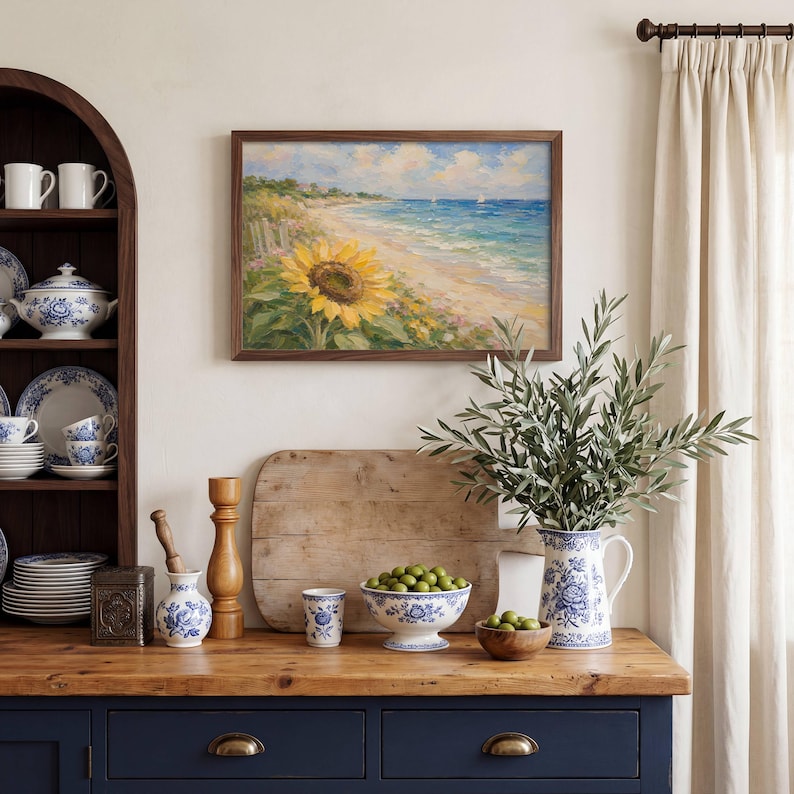 Sunflower Beach Print, Vintage Coastal Landscape Wall Art, Ocean Flower Poster image 2
