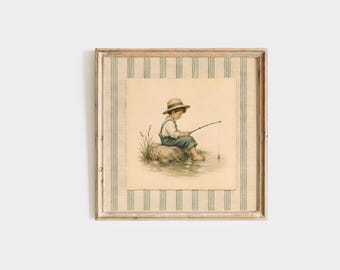 May include: Framed vintage print of a child fishing. The artwork depicts a young person wearing a straw hat and overalls, sitting on a rock and fishing in a body of water. The frame has a striped pattern with a distressed, aged appearance.