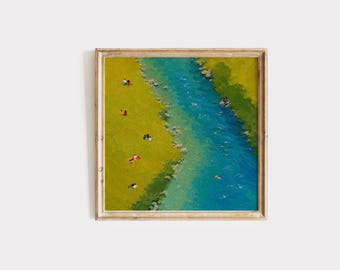 May include: A square framed painting depicting an aerial view of a vibrant blue river flowing through a bright yellow-green grassy landscape. Small figures are scattered along the riverbank and one person is swimming in the water.