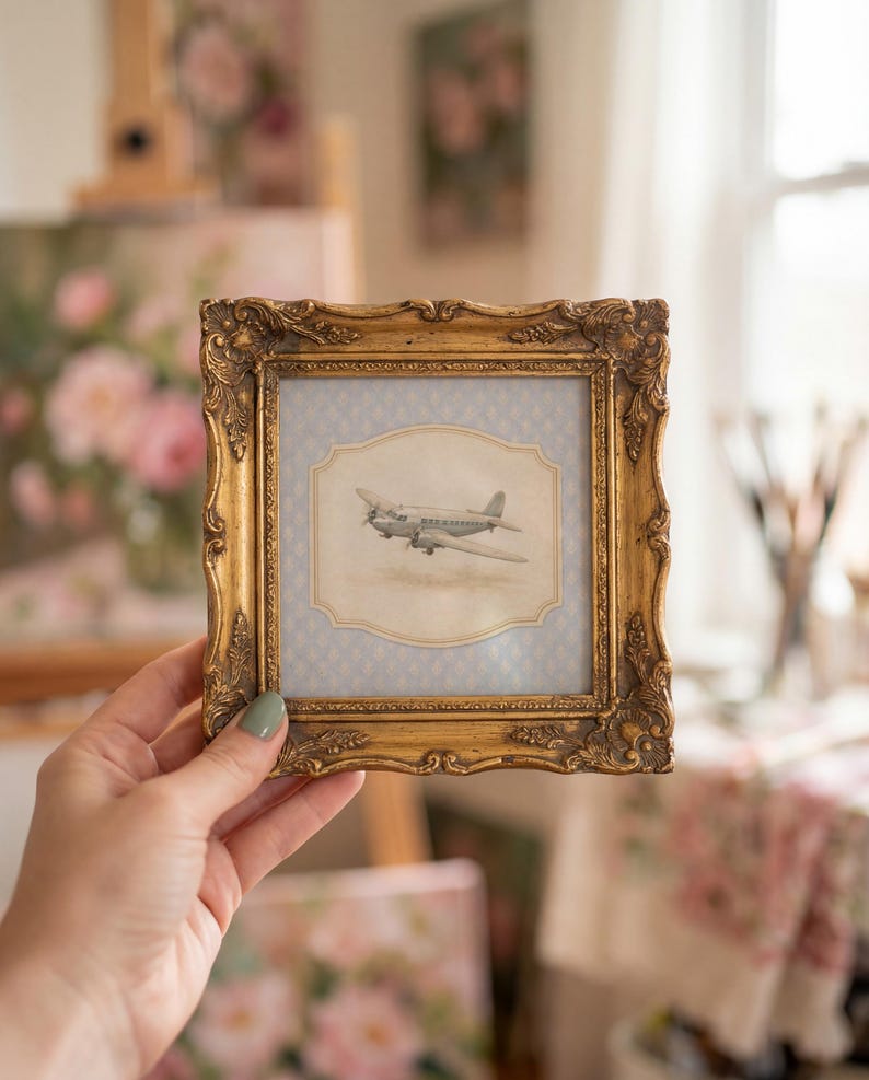May include: A small, ornate gold picture frame holding a vintage-style print of an airplane. The print is set against a light blue patterned background. The frame is held by a hand with a painted fingernail.