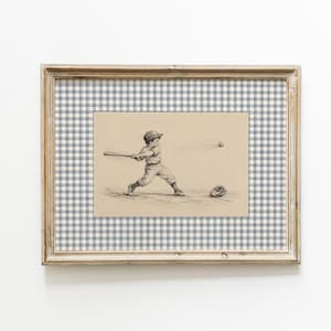 Baseball Nursery Decor, Vintage Baseball Print, Boy Playing Baseball Wall Art, Blue Gingham Storybook Nursery image 1