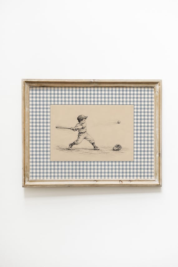 Baseball Nursery Decor, Vintage Baseball Print, Boy Playing Baseball Wall Art, Blue Gingham Storybook Nursery