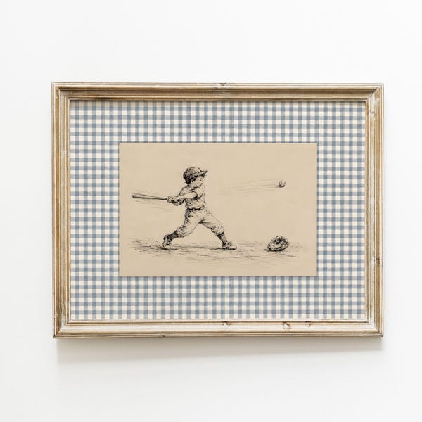 Decoración infantil de béisbol, lámina de béisbol vintage, cuadro de niño jugando al béisbol, habitación infantil con estampado de cuento de hadas a cuadros azules
