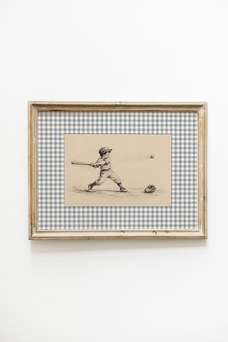 Baseball Nursery Decor, Vintage Baseball Print, Boy Playing Baseball Wall Art, Blue Gingham Storybook Nursery image 1