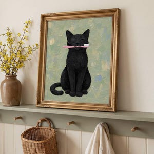 Rolig svart katt väggkonst, tandborstekatttryck, udda badrumsdekor bild 3